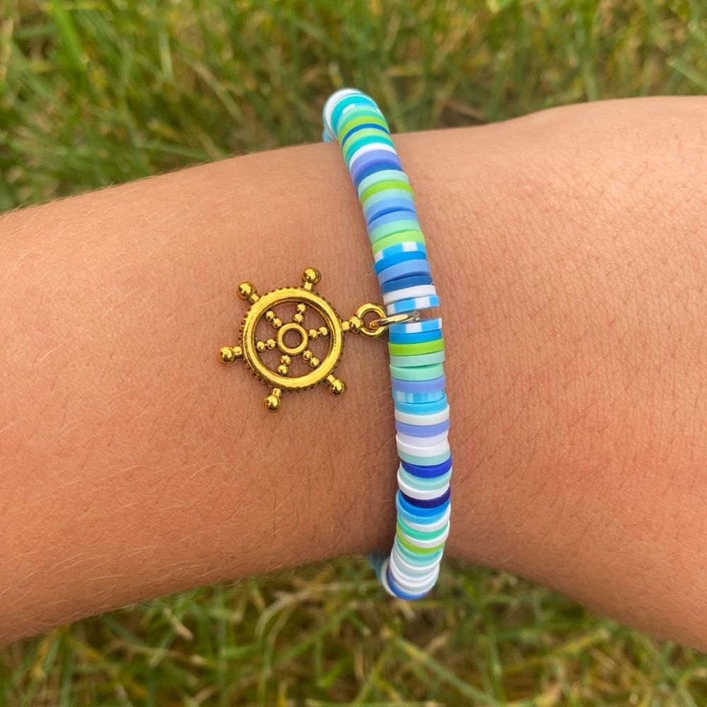 A handmade clay bead bracelet